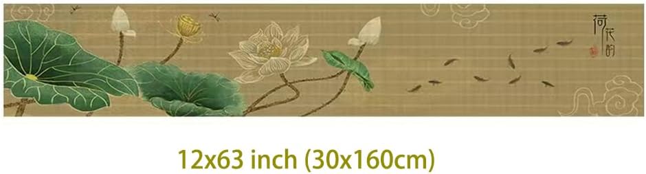 Asian Style Bamboo Table Runner, Ancient Chinese Paintings Zen Table Mat, Table Cover for Kitchen Dining Bedroom Decoration (White Lotus, 12"x63")