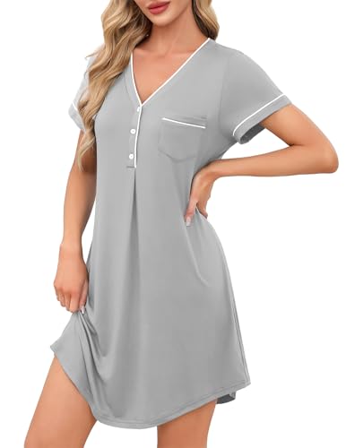 Image of Ekouaer Womens Nightgown Button Down Sleep Shirts Short Sleeve Nightshirt V-Neck Sleepwer Soft Sleepdress Light Grey