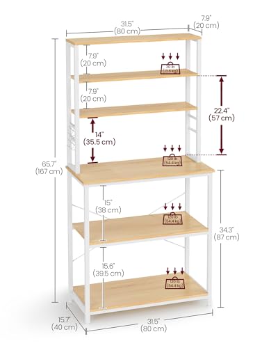 VASAGLE Kitchen Storage Rack, Coffee Bar, Baker's Rack, Total 6 Shelves and 6 Hooks, for Microwave, Steel Frame, Industrial, 40 x 80 x 167 cm, Golden Oak and Cloud White KKS019W09