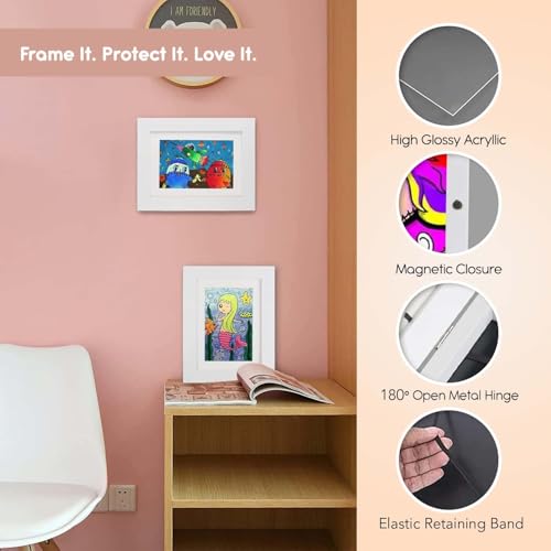 Image of Nostrae by Ekhasa Kids Art Frame Display and Storage | Kid Drawing Storage Case for Walls | Clap Art Display for Kids | Kids Drawing Storage | Magnetic Wooden Open Frame (White, 9.2x12.6 inch)