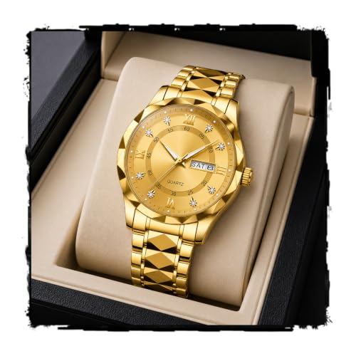 Image of GOLDENIZE FASHION Luxury Analog Roman Numeral Date Display Diamond Pattern Classics Stainless Steel Wrist Watch for Men