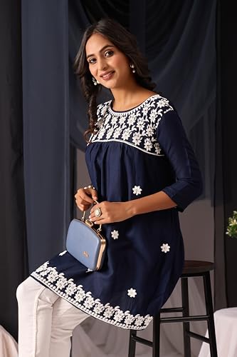 Image of Sidhidata Rayon Floral Embroidered Short Kurti | Short Anarkali Kurti for Girls | Women's Casual Sleeveless Printed Top | Tops for Women (Kurti Myra)
