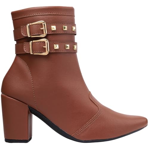 Bota Feminina, Salto Grosso, Bico Fino, Cano Curto, Ankle Boot com Fivelas e Tachas, Marrom e Preta, Via Angel 6802 (Caramelo, BR, Adulto, Numérico, 36)