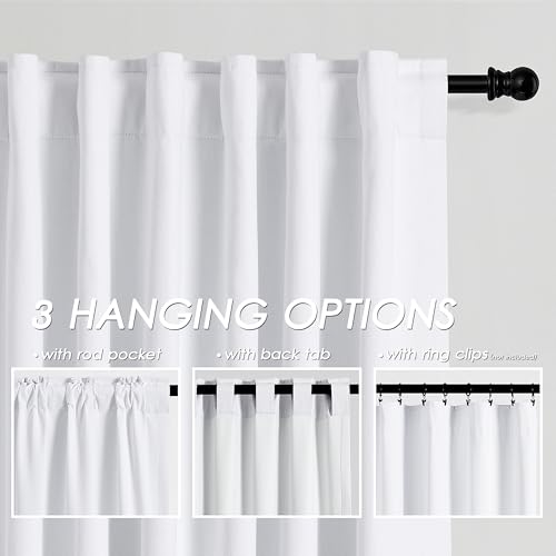 Image of Nanspring White 100% Blackout Linen Curtains for Bedroom 45 Inches Long Back Tab Thermal Insulated Modern Farmhouse Decor Black Out Curtain for Living Room Dining Room Neutral Drapes 52x45, 2 Panels