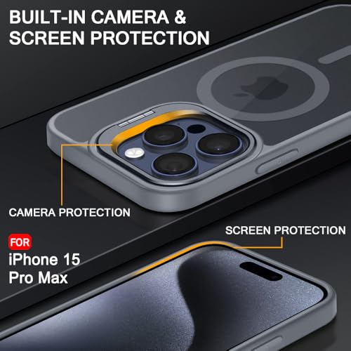 Image of TheGiftKart Hybrid Matte Frosted Back Cover Case for iPhone 15 Pro MAX Compatible with MagSafe | Built-in Stand | Shockproof Hard Case Cover for iPhone 15 Pro MAX (PC & TPU, Translucent Grey)