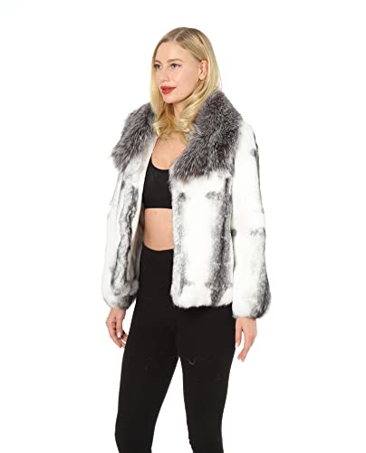 LVCOMEFF Women Real Rabbit Fur Coat with Genuine Fox Fur Collar Animal Print Furry Fluffy White Color?3
