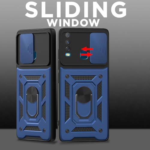 Image of Pikkme Back Cover for Vivo Y12 / Y15 / Y17 / U10 | Sliding Camera Shield with Ring Stand | D10 Full Camera Protection Bumper Case (Blue)