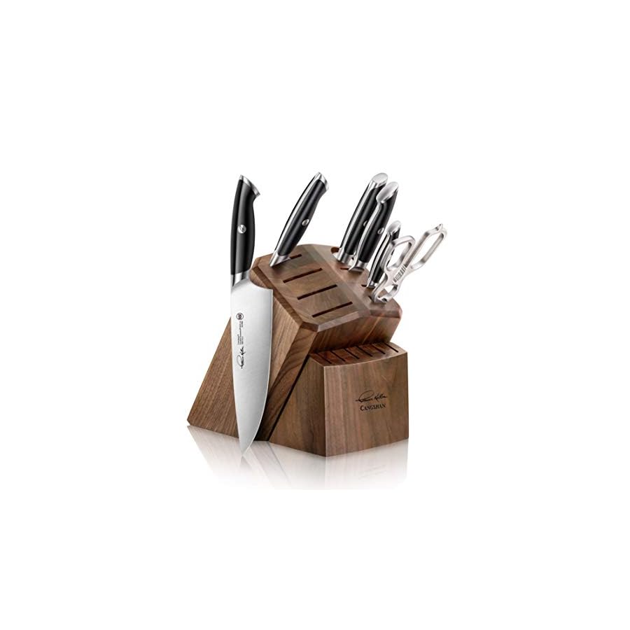 Cangshan Thomas Keller Signature Collection Swedish Powder Steel Forged, 7-Piece Knife Block Set, Walnut Block with 8 Spare Slots, Black