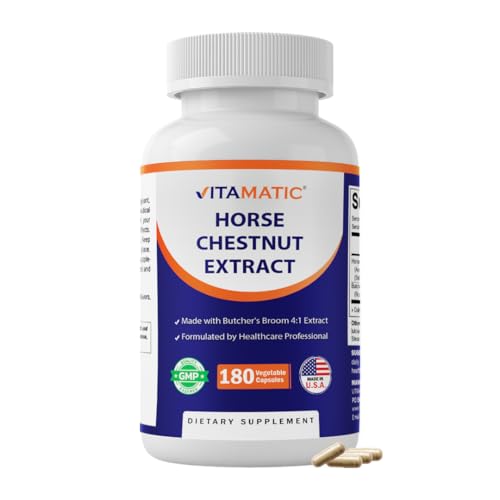 Vitamatic Horse Chestnut Extract 700 mg (Standardized 20% Aescin) with Butchers Broom 4:1 Extract 300 mg 180 Capsules Circulation & Vein Support Non-GMO Gluten Free Made in USA