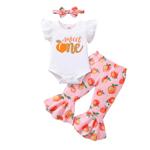 YOUNGER TREE Baby Girl 1st Birthday Outfits My first Birthday Romper Flared Pants Birthday Clothes One Year Old Birthday Gift(Sweet one+peach 6-12 Months)
