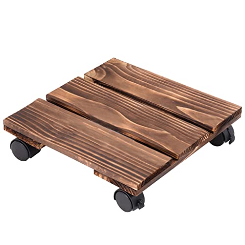 bleslin Organizador de plantas de madera con ruedas, base cuadrada resistente con ruedas bloqueables, soporte rodante para macetas para interiores y exteriores, soporta 110 libras (marrón, 12 pulgadas