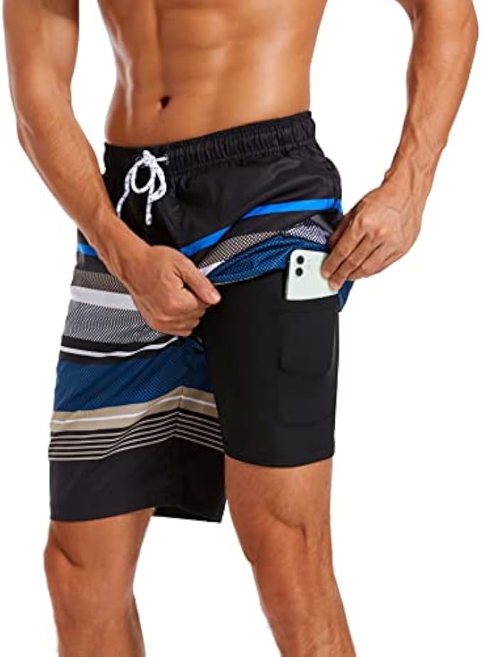 difficort Mens Swim Trunks with Compression Liner Quick Dry Bathing Suits Shorts with Zipper Pockets