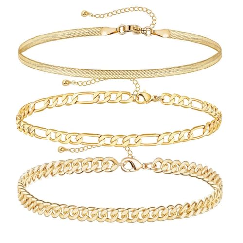 Image of 14K Gold Anklets for Women Waterproof Rhinestone Ankle Bracelet Layered Cuban Link Chain Diamond Anklet Beach Jewelry for Women (GOLD- Anklets-Style-C)