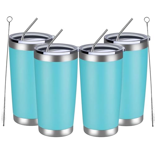MEWAY 20oz Tumbler 4 Pack Double Wall Vacuum Insulated Travel Mug Bulk, Stainless Steel Tumblers with Lid and Straw, Durable Powder Coated Coffee Cups for Cold & Hot Drinks (Light Blue, 4)