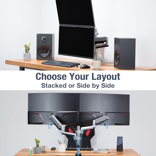 Image of AVLT-Power Dual Monitor Stacking Vertical Mount with Two Gas Spring Aluminum Arm Computer Stand Riser- Full Motion Adjustable, Heavy Duty Holds 17 to 32 Inch Screens, Up to 17.6 lbs Each, VESA 75 /100 | Supports flat /curved /ultrawide screens up to 19.8 lbs each. Smooth gas spring, VESA 75x75 /100x100 and cable management