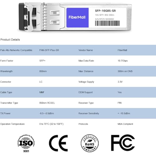 Image of SFP+ 10G SR Optical Transceiver Module Compatible with Palo Alto Networks PAN-SFP-Plus-SR 10GBASE-SR SFP+ 850nm 300m DDM Duplex LC MMF 4 Pack
