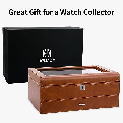 Image of Leather Watch Box with Drawer-10 Slots Locking Jewelry Watches Holder for Men-Luxury Watch Case Display Organizer-2 Tier Organizer Watch Showcase-Storage Case