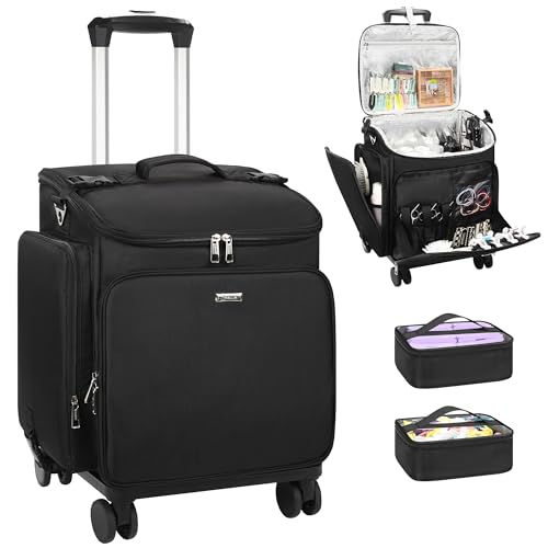 Relavel Rolling Makeup Case Hair Tools Travel Bag Cosmetology Case on Wheels with 2 Clear Bags Professional Hairstylist Bag Makeup Artist Storage Train Case Barber Organizer with 360 Spinner Wheels