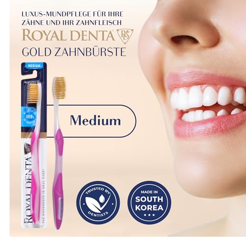 Royal Denta Zahnbürste Mittel, Handzahnbürste sanft zum Zahnfleisch, Doppelborsten für Zahnzwischenräume, mit Goldpartikeln zur antibakteriellen Pflege, ergonomisch & langlebig, Rosa