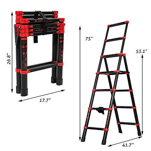 Telescopic Ladder, Step Ladder, Retractable Aluminum Alloy Ladder Multi-Position, Adjustable and Folding Ladder A-Frame, with Handrails and Safety Lock, Non-Slip Pedals, Capacity 330 pounds(5+7)