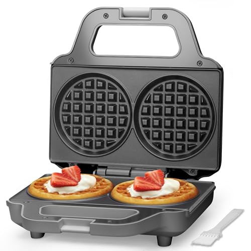 SugarWhisk 4 Inch Double Mini Waffle Maker Machine, Chaffle Maker, Waflera Electrica, Small Waffle Iron for Waffles, Keto Chaffles, Hash Browns, Cookies, Grey