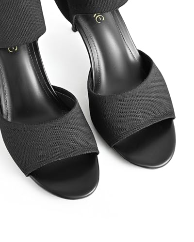Image of Peep Toe Heels for Women Sexy 3 Inches Stiletto Heeled Sandals for Women Open Toe Wide Stretchy Knit Heel Sandal Booties Slip On Comfortable Dressy Shoes for Prom, Party and Work