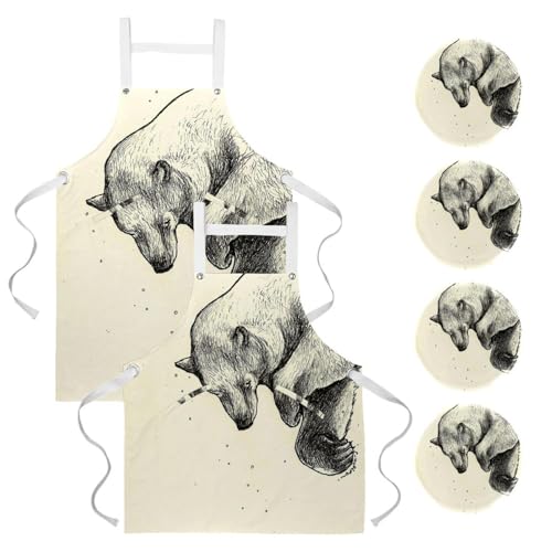 Tabliers de cuisine lot de 2 avec motif ours polaire allongé et broches amovibles multicolores