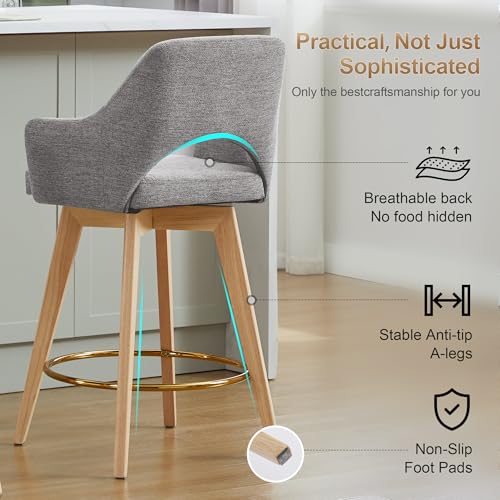 Image of Zesthouse Swivel Counter Stools Set of 2, Wooden Counter Height Bar Stools with Back & Arm, Upholstered Linen Fabric Barstools with Solid Wood Leg & Gold Footrest, Grey High Chairs for Kitchen Island