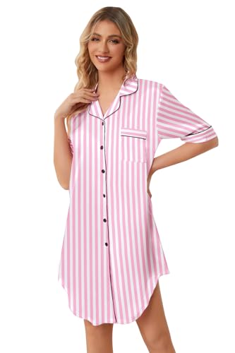 Image of Schbbbta Girls & Women Silk Nightgown, Short Sleeve Button Down Satin Nightshirt Pajama House Dress, 3 Years- Women 2XL