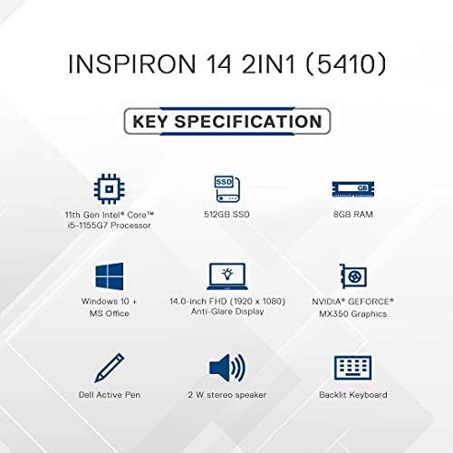 Image of Dell New Inspiron 5410 2in1 Laptop Intel i5-1155G7, 8GB, 512GB SSD, NVIDIA GEFORCE MX350 2GB GDDR5, Win 10 + MSO, 14 inch (35.56 cms) Touch FHD 60Hz, Backlit KB + FPR, Silver(D560595WIN9S), 1.5Kgs