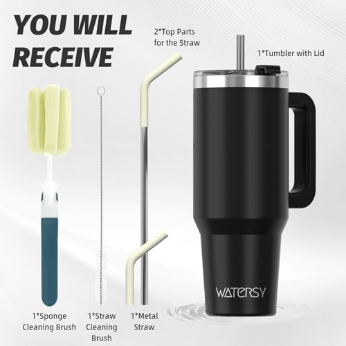 Image of 40 oz Tumbler with Handle,Tumbler with Lid and Straw,Double Wall Insulated Cup Stainless Steel Travel Mug(Cold for 34 Hours),Water Bottle for Iced Tea,Coffee,Cold Beverages(Black)
