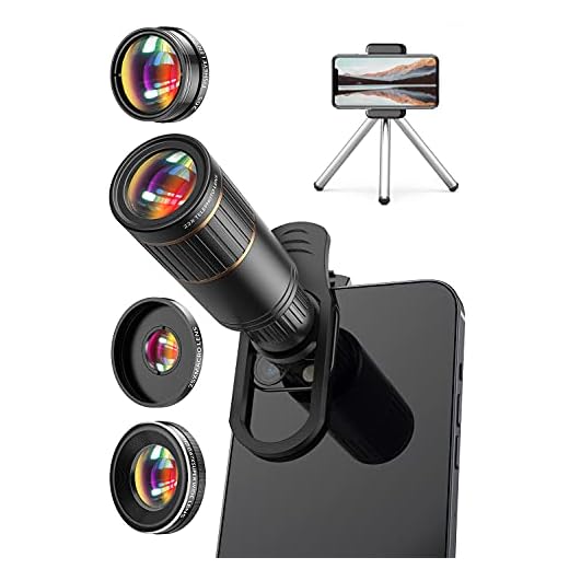 Phone Camera Lens, Phone Lens iPhone Camera Lens for iPad iPhone 14 Samsung Android Pixel Huawei, 22X Telephoto Lens, 205° Fisheye Lens, 4K HD 0.67X Super Wide Angle Lens & 25X Macro Lens Black