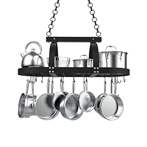 KES Plafond Opknoping Pot Rack 85CM Plafondplank voor Keuken Ovale Pot en Pan Rack Mat Zwarte Pot Hanger met 20 S Haken, KUR221S85-BK