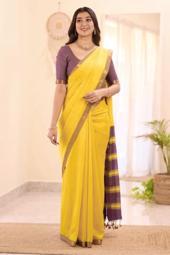 Image of Women's Cotton Woven Soft Sarees With Attach Blouse Piece.