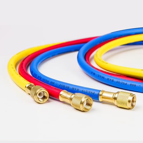 Elitech 60 Low Loss Refrigerant Charging Hoses with Ball Valve 1/4 SAE 3-Color HVAC Hose Kit 800/4000 PSI 45-Degree Angle for R410A R134A R22 AC Freon Recharge (BVH-15SET-3)