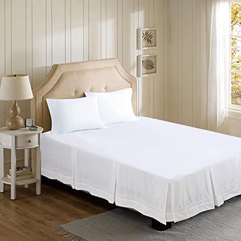 100% Cotton White Fabric Tailored Hemstitch Design Bedskirt Anti-Static Electricity Hypoallergenic Easy Fit (14“Drop Queen, White) Cover