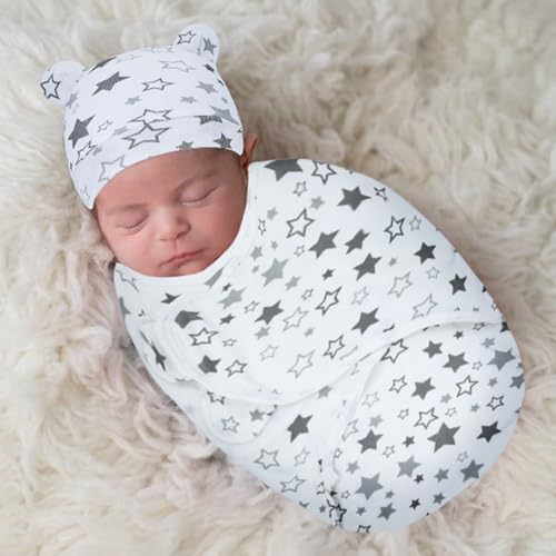Image of Cinaci 2 Pieces Adjustable Soft Cotton Baby Swaddle Sleep Sacks Hats Newborn Nursery Caps Beanies Bonnets Swaddle Blanket Wraps for Baby Girls Boys Infants Newborns (2PCS S12)