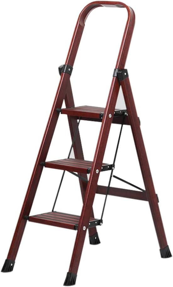 3-Step Step Ladder with Handrail Non-Slip Foot Mat Foldable Aluminum Wood Grain Face Step Stool Wide Reinforced Pedal to Firmly Bear 150kg Portable