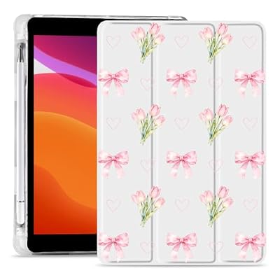 MAYCARI Tulip Flowers Pink Bow Case for iPad Pro 11 Inch 2022/2021/2020/2018, iPad Pro 11" 4th/3rd/2nd/1st Gen Case with Pencil Holder, Cute Design Slim Soft TPU Silicone Cover, Auto Sleep/Wake Shell