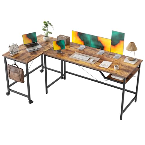 Mericonia 190 cm Computertisch mit Rollen, umschaltbarer L-förmiger Spieltisch, Homeoffice-Arbeitstisch mit 2 V-förmigen Stangen für das Homeoffice, Studentenarbeitszimmer, Braun