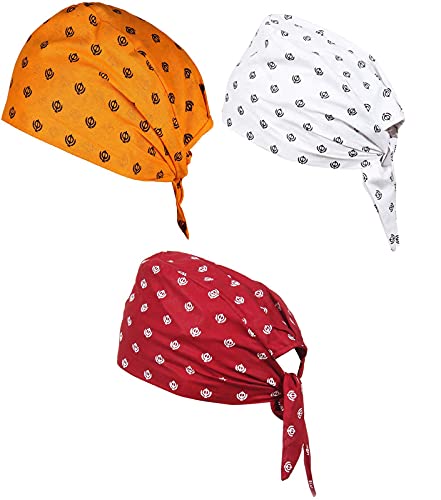 bismaadh 3 Piece Khanda Printed 100% Cotton Adjustable Patka, Bandana, Skull Cap for Men & Women-picture-25