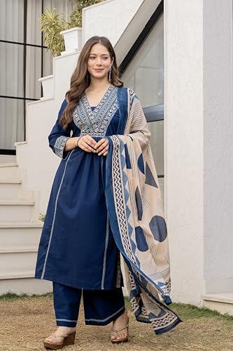 Image of MEERA FAB Women Floral Printed Pure Cotton Straignt V-Neck Kurta with Trousers & Dupatta