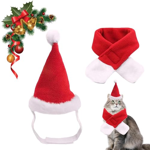 Fantasia de Natal para animais de estimação, gorro de Natal para animais de estimação, chapéu gorro de Natal cão e gato, para gatos cães, chapéu de Pai Natal e lenço fato decoração natalícia