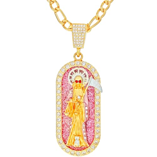 Santa Muerte Necklace for Men Women - Gold Plated Grim Reaper Pendant with 24" Figaro Chain - Collar de la Santa Muerte Jewelry for Spiritual Protection & Altar Gift (Pink)