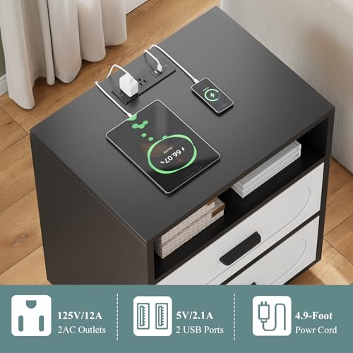 Image of 3 Pieces Bedroom Set, Queen Size Bed Frame with Storage Headboard, 2 Nightstands with Charging Station, Black
