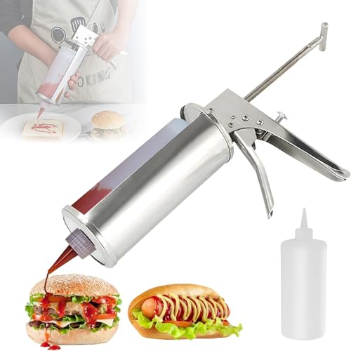 Dispensador de crema agria, dispensador de salsa de gran capacidad de 800 ml con boquilla ajustable para barras de hamburguesas y tiendas de pasteles, aguja desmontable y nariz plana