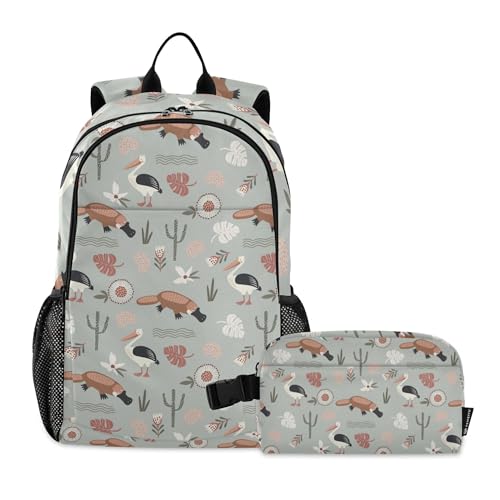 Platypus and Pelican Cactus Backpack with Lunch Bag, School Backpack for Teens Boys Girls Kids Backpacks Set