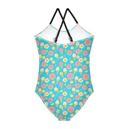 senya Girls Swimsuits One-Piece Swimwear Tie Bathing Suit Beach Summer Round Neck 5-6T Ice Cream Donuts Pattern2