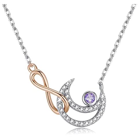 Qings February Birthstone Amethyst Necklace S925 Brilliant Moon Sky Rose Gold Infinite Pendant Purple Colorful Cubic Zirconia 18”Adjustable Link Jewelry Collection for You Cover