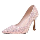 damen spitze high heels MISSUIT Damenschuhe High Heels Pumps Glitzer Spitz Brautschuhe Stiletto Geschlossen Hochzeitsschuhe(Pink,37)